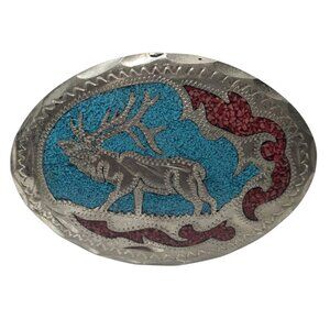 Elk Deer Belt Buckle Turquoise Coral Chip Vintage Western Cowboy Rodeo Fashion